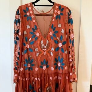 Free People Terracotta Floral Long Sleeve Dress